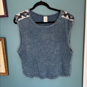 American Age Denim Blue Muscle Tee with Embroidered Shoulders